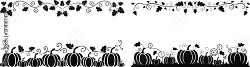 Elegant Pumpkin Vine Borders Silhouette Vector Illustration Halloween & Fall Decorative Frame.