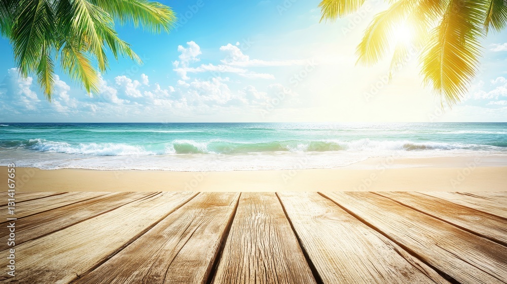Modern Clean Tropical Beach Background with Wooden Table and Palms Modern Clean Tropical Beach Background with Wooden Table and Palms