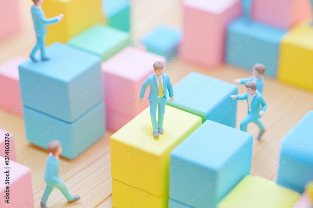 Miniature figures in blue suits navigate a pastel-colored cube maze, symbolizing problem-solving and strategic planning. Miniature figures in blue suits navigate a pastel-colored cube maze, symbolizing problem-solving and strategic planning.