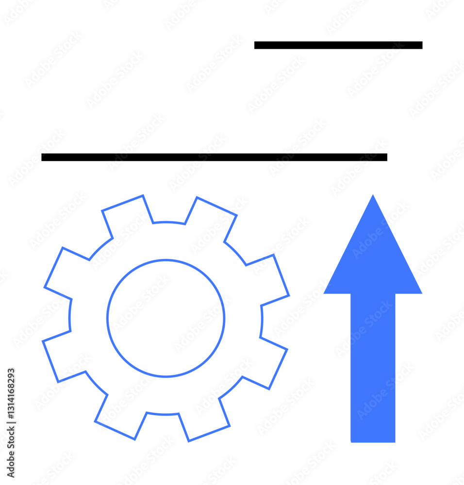 Gear symbol with a bold upward arrow indicating growth or development. Parallel black lines denote structure. Ideal for productivity, innovation, improvement, strategy, processing, systems. Flat Gear symbol with a bold upward arrow indicating growth or development. Parallel black lines denote structure. Ideal for productivity, innovation, improvement, strategy, processing, systems. Flat