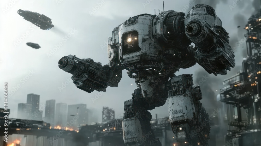 Fototapeta premium Mech Warrior: Futuristic City Under Siege