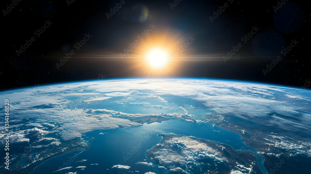 Sunrise Over Earth From Space With Orange Glow And Blue Oceans Sunrise Over Earth From Space With Orange Glow And Blue Oceans
