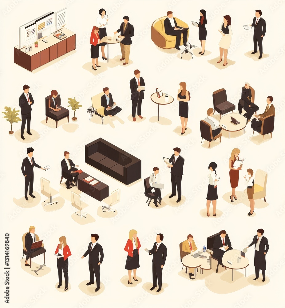 Obraz premium Business people isometric kit for creating your office with the men and women in corporate attire isolated on a light background illustration