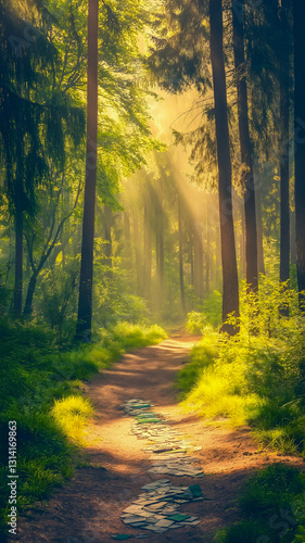 Beautiful and magical landscape forest at dawn. Environmental conservation and protection of planet.	