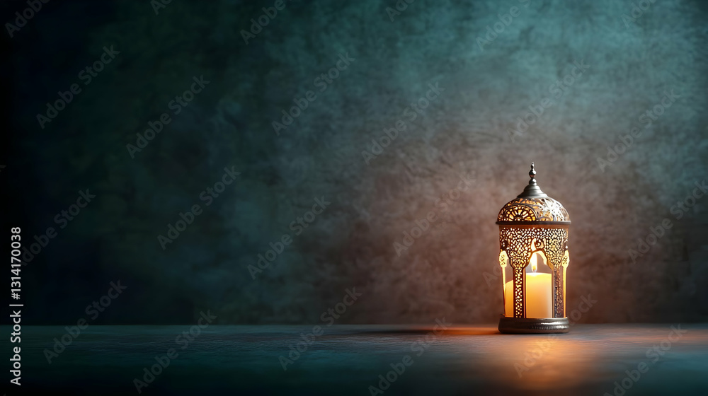 Fototapeta premium Ornate Lantern with Glowing Candle on Dark Teal Backdrop for Ramadan Celebration and Festive Atmosphere