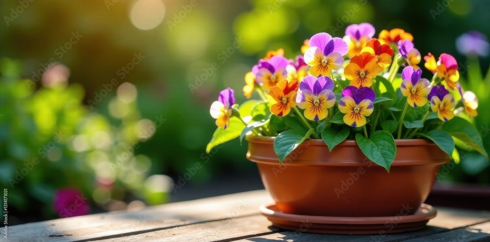 Overflowing terracotta pot, vibrant pansies, sun-drenched garden , serene, summer, vegetation Overflowing terracotta pot, vibrant pansies, sun-drenched garden , serene, summer, vegetation