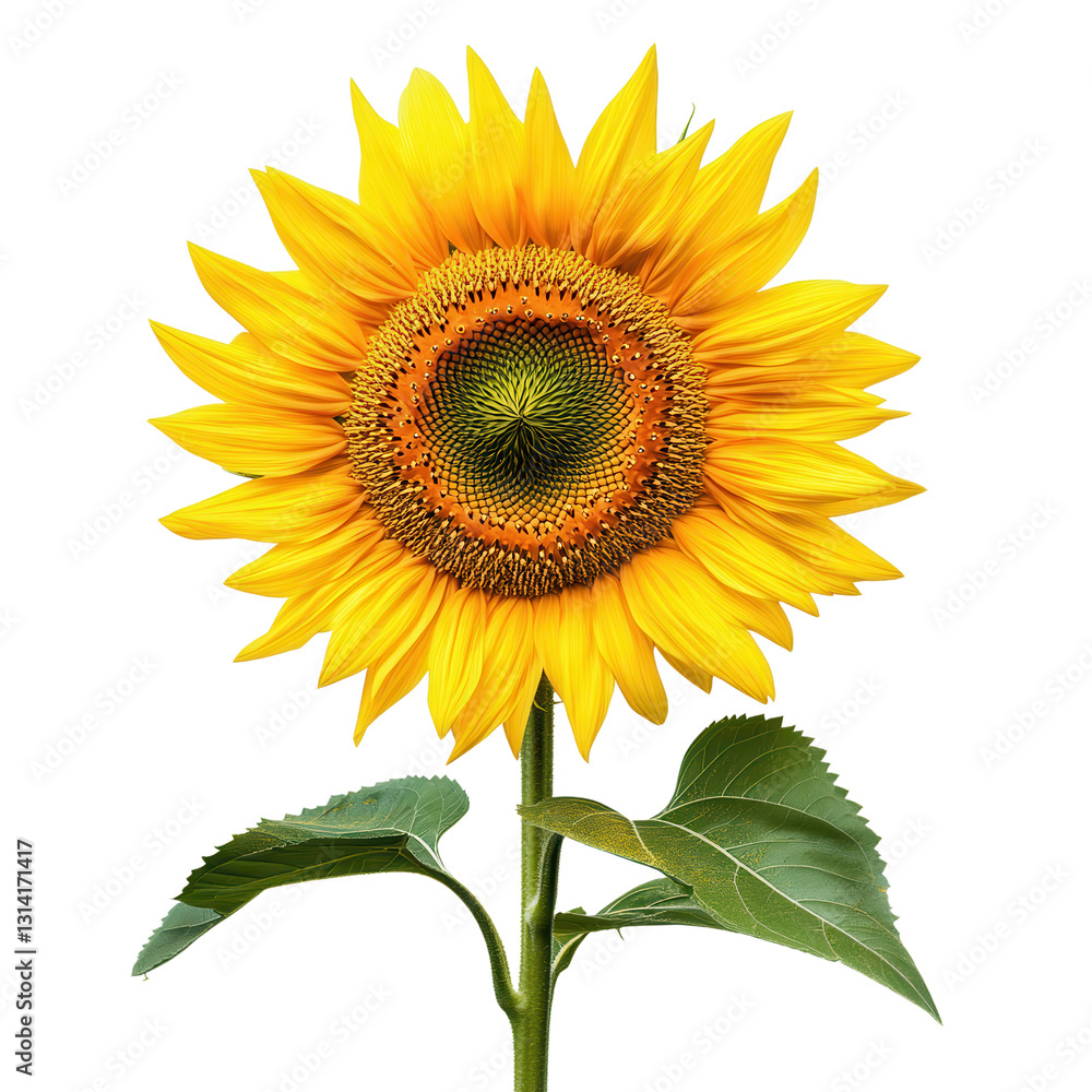 Fototapeta premium Radiant Sunflower: Captivating close-up of a single sunflower, showcasing vibrant yellow petals and lush green leaves, exudes warmth and natural beauty.
