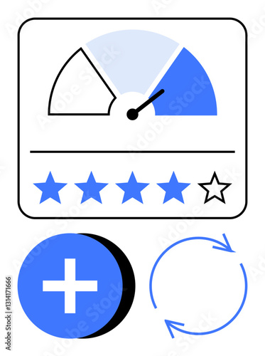 Rating gauge with pointer, star feedback row, bold plus sign for addition, and circular refresh arrows. Ideal for performance tracking, feedback, growth, system update, progress data exchange flat