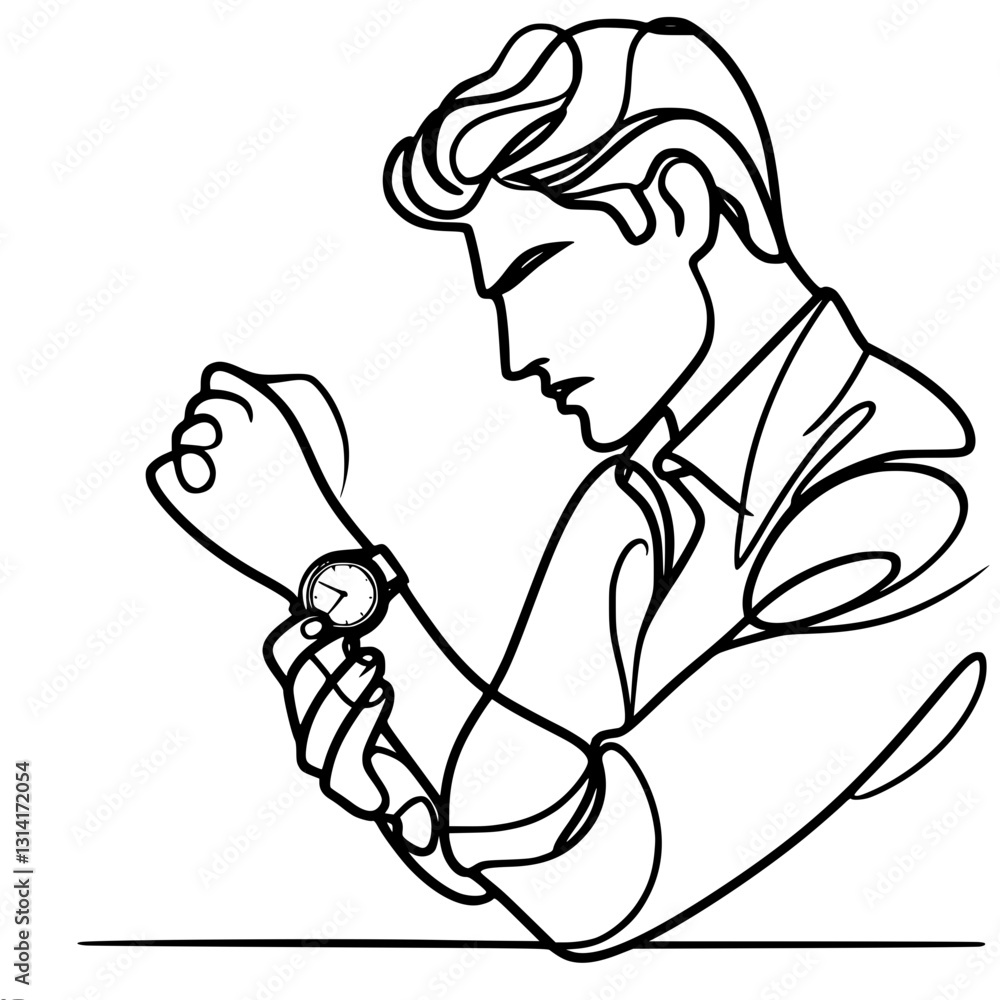 Linear outline vector drawing of a man in a shirt, holding his hand with a watch, symbolizes business style and punctuality. Linear outline vector drawing of a man in a shirt, holding his hand with a watch, symbolizes business style and punctuality.