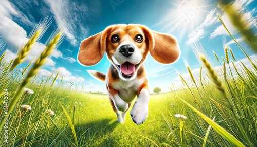 Portrait of a Happy Beagle Running on a Green Lawn,Energetic dog