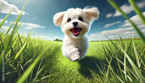 Portrait of a Happy Maltese Running on a Green Lawn,Energetic dog