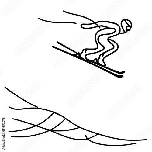 Minimalistic black and white outline vector silhouette of flying skier jumping down mountain slope wearing helmet.