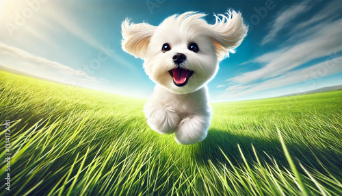 Portrait of a Happy Maltese Running on a Green Lawn,Energetic dog