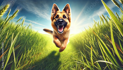 Portrait of a Happy German Shepherd Running on a Green Lawn,Energetic dog