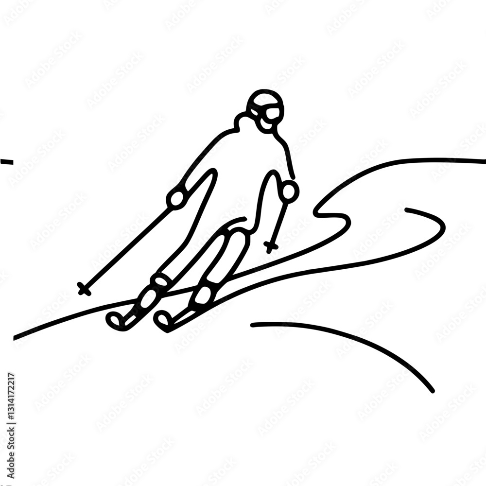 Obraz premium Minimalistic black and white outline vector drawing of a skier speeding down a mountain slope. Ideal for illustrating winter sports and outdoor activities.