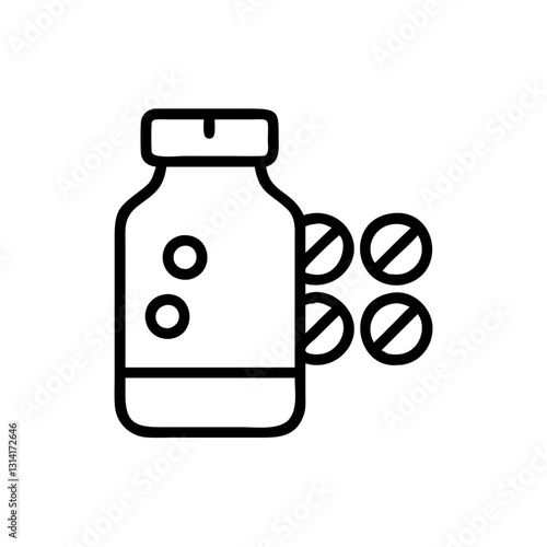 Line icon of allergy medication bottle with tablets on a transparent background