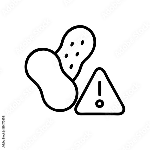 Line icon of peanuts as an allergen with a warning sign on a transparent background