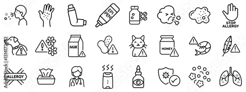 Collection of allergy-related icons on a transparent background for awareness and educational purposes