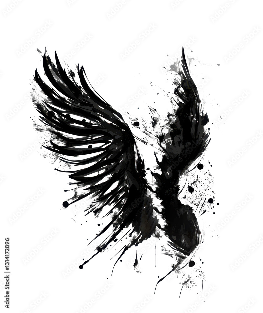 wings graffiti silhouette, bird grunge icon, angel spray wall art symbol, grafitti tag isolated