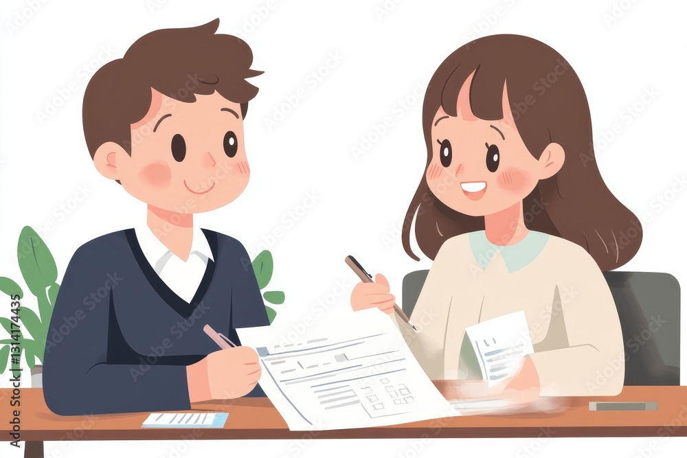 smiling employees checking financial statements . business concept