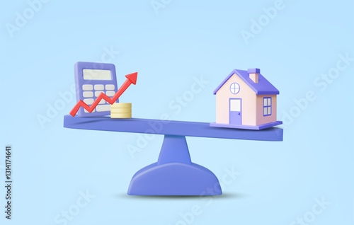 3D illustration vector render of calculator icon with stack of coins, arrow and house on balance scales. Concept of comparison between real estate investment and financial assets. 
