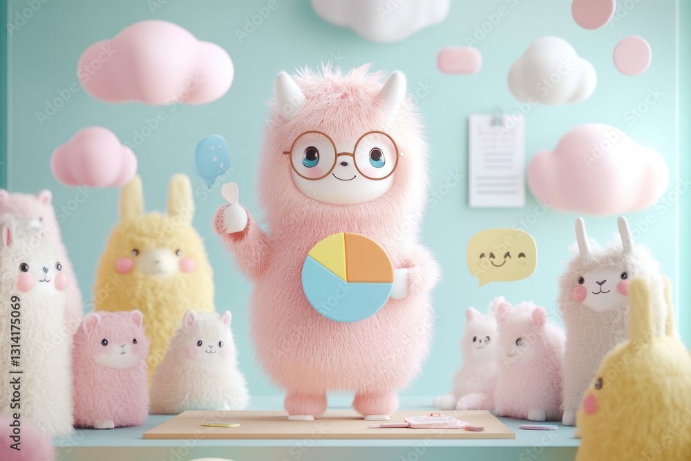 A fluffy pink llama wearing glasses presents a pie chart surrounded by other adorable llama plushies in a pastel-colored room. A fluffy pink llama wearing glasses presents a pie chart surrounded by other adorable llama plushies in a pastel-colored room.