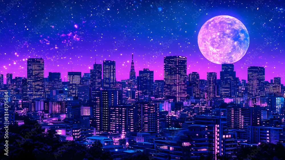 Obraz premium Purple and Pink City Skyline at Night Under a Giant Moon