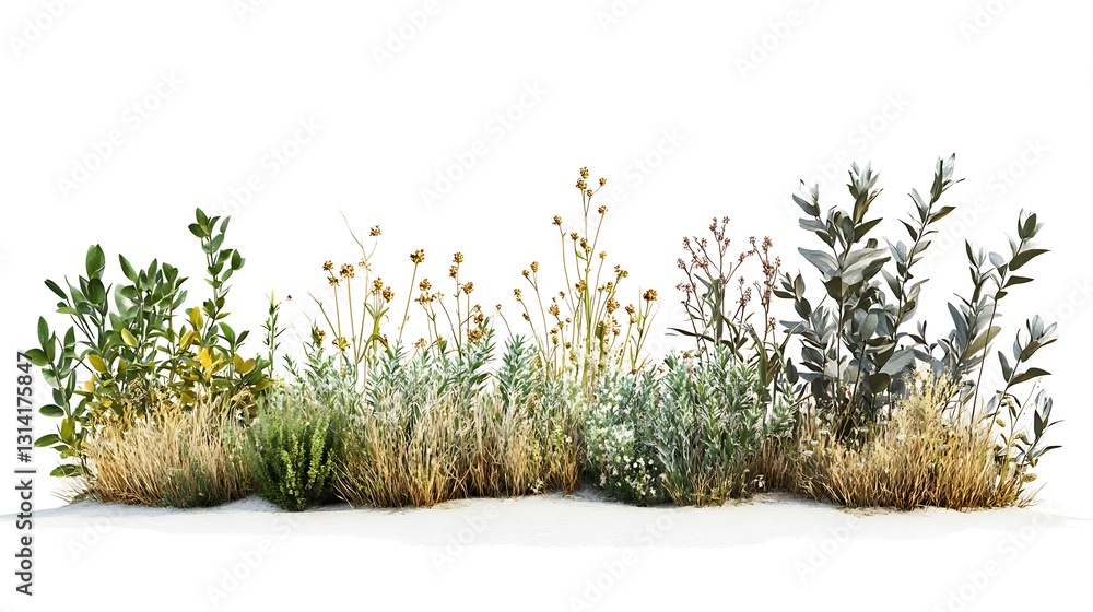 Fototapeta premium A variety of plants and grasses arranged against a white background for design purposes.