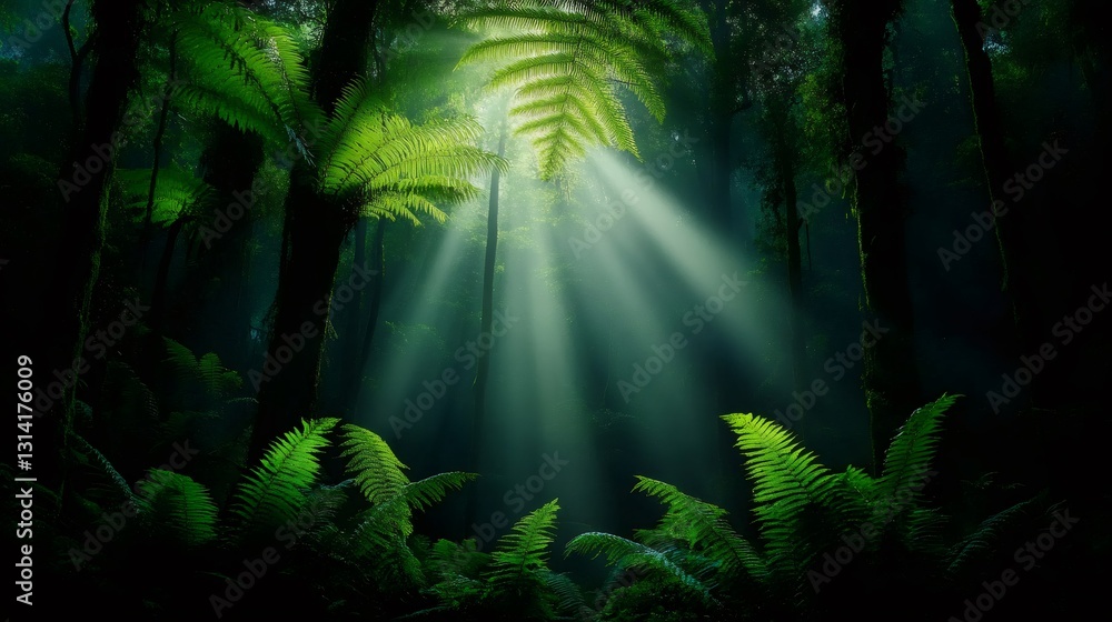 Obraz premium Sunbeams filtering through lush ferns in a primeval forest