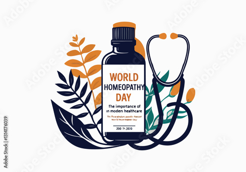 Vector Illustrations for World Homeopathy Day – Herbal Remedies, Homeopathic Bottles, Natural Healing, Icon Designs for Social Media, T-Shirts, Stickers, Posters, Print Cards & Animated GIFs