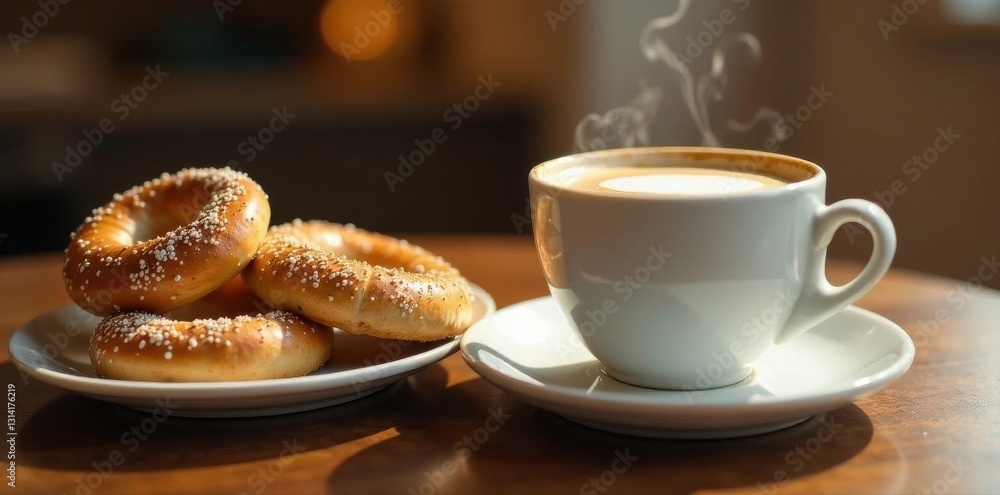 Steaming coffee beside a plate of bagels and a sugar bowl , table, minimal Steaming coffee beside a plate of bagels and a sugar bowl , table, minimal