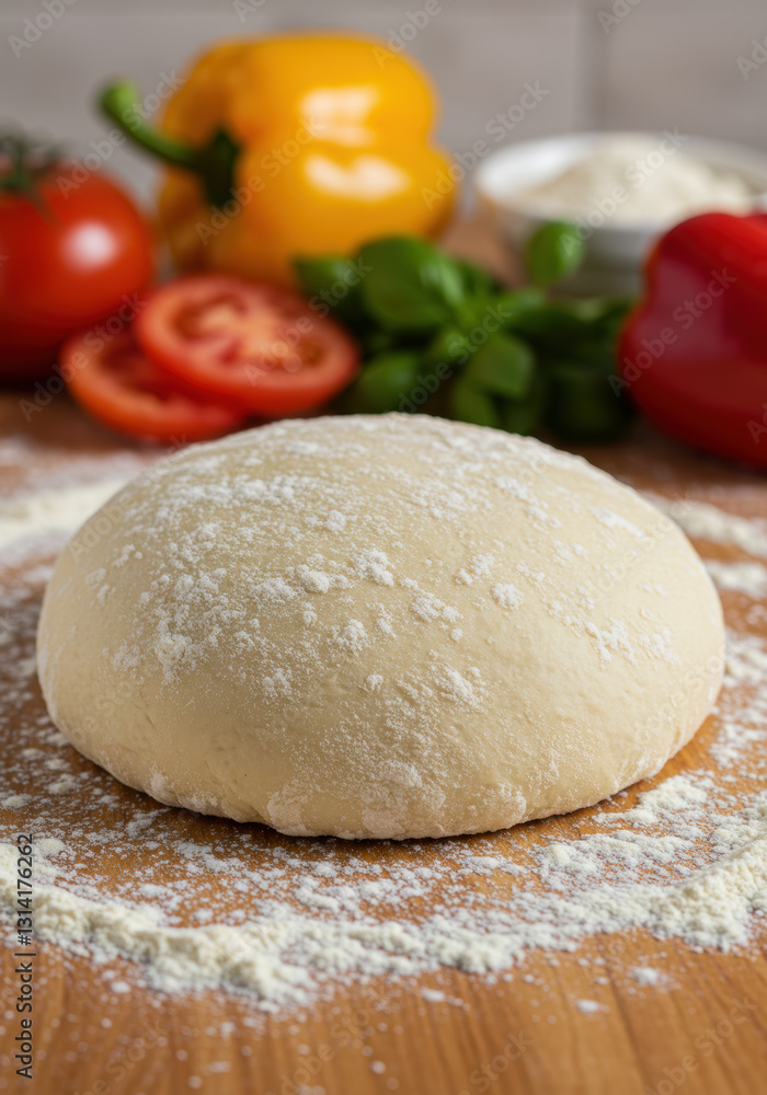 Fresh pizza dough sits ready, surrounded by vibrant veggies and aromatic basil. Fresh pizza dough sits ready, surrounded by vibrant veggies and aromatic basil.