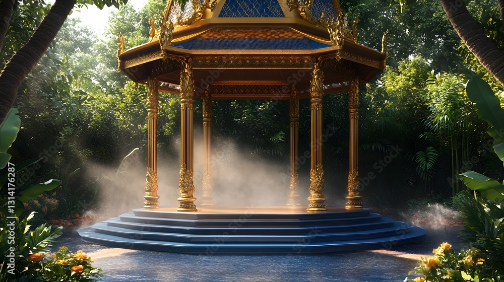 Obraz premium A tropical podium with blue and gold accents, positioned under a traditional Thai pavilion with gentle water mist rising