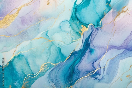 Pastel cyan mint liquid marble watercolor background with gold lines and brush stains. Teal turquoise marbled alcohol ink drawing effect.  illustration backdrop, watercolour wedding