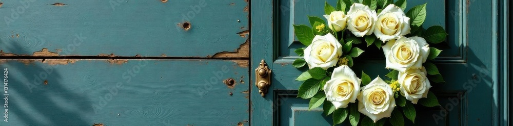 Stunning white rose funeral wreath displayed on weathered wooden door, image, ceremony, remembrance Stunning white rose funeral wreath displayed on weathered wooden door, image, ceremony, remembrance