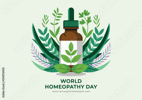 Vector Illustrations for World Homeopathy Day – Herbal Remedies, Homeopathic Bottles, Natural Healing, Icon Designs for Social Media, T-Shirts, Stickers, Posters, Print Cards & Animated GIFs