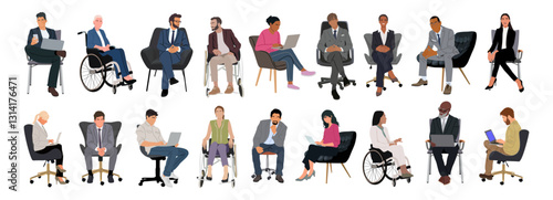 Diverse Business people sitting, taking part in meeting, business event. Set of Different men, women, disabled person in armchair, wheelchair. Inclusive business concept. Vector illustration isolated.