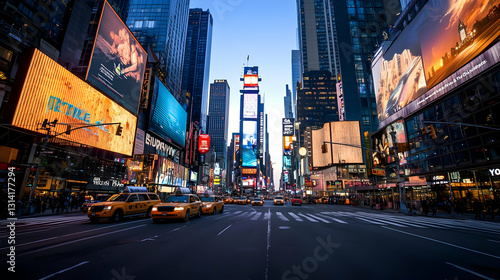 Pixel Art Depiction of Times Square in New York City at Twilight with Illuminated Billboards and Taxis on a Busy Street