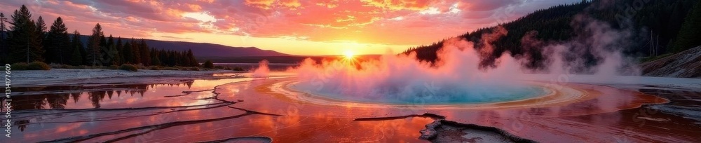Fototapeta premium Sunrise over Grand Prismatic Spring, vibrant colors, beautiful, hot, water
