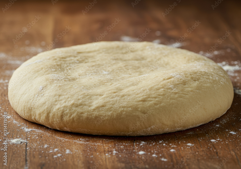 A disc of raw dough sits, dusted with flour, ready for baking on a wooden table. A disc of raw dough sits, dusted with flour, ready for baking on a wooden table.