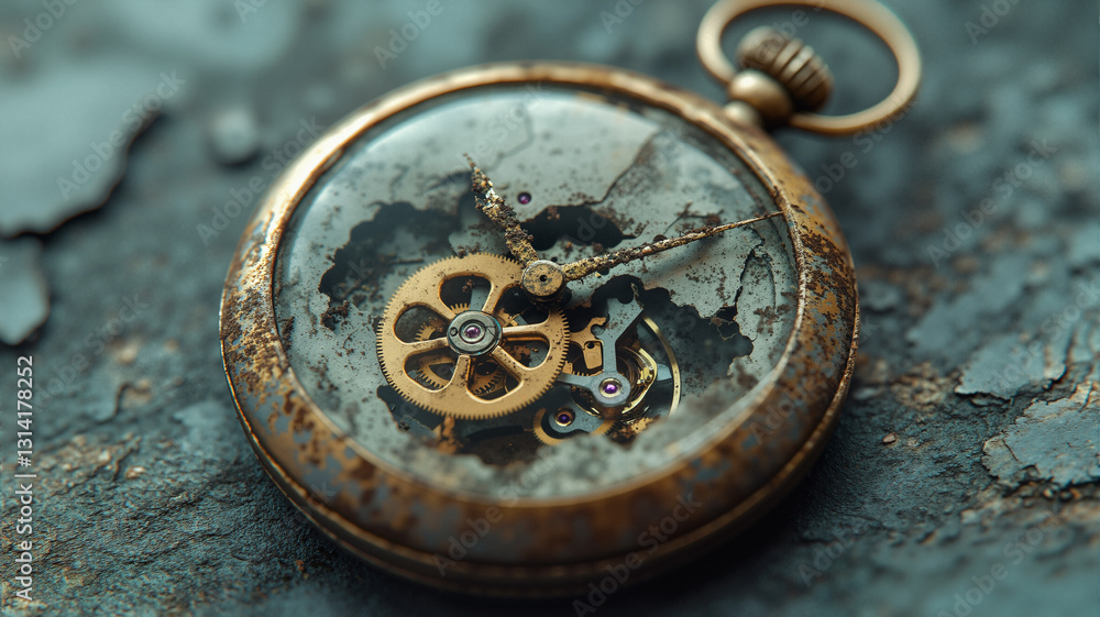 The image shows an old pocket watch sitting on top of a table The image shows an old pocket watch sitting on top of a table