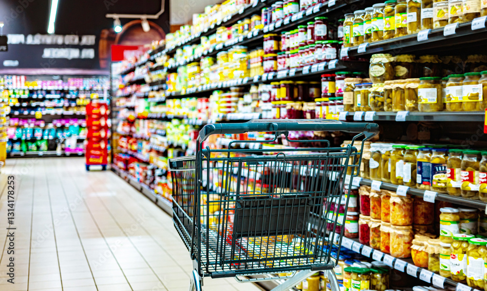 A shopping cart by a store shelf in a supermarket A shopping cart by a store shelf in a supermarket