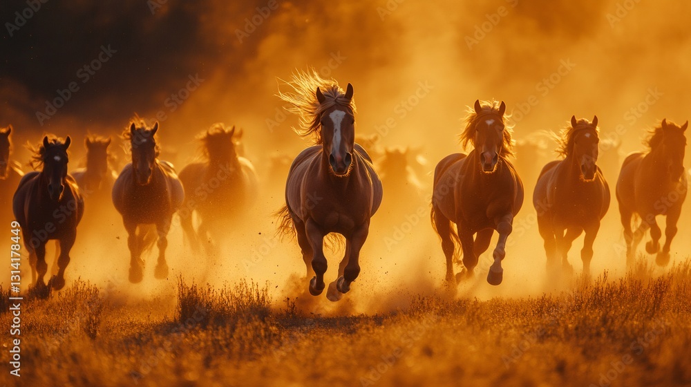 Fototapeta premium Herd of wild horses running in the sunset light