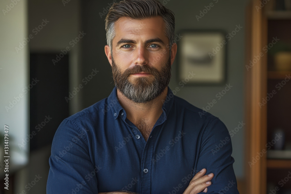 Obraz premium Man with beard in blue shirt smiling on a sunny beach with waves crashing behind him.