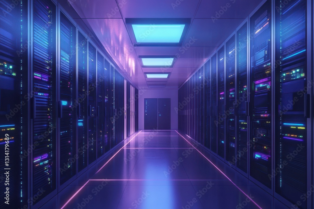 Fototapeta premium Datacenter corridor with rows of server racks, offering advanced data management solutions for the digital era, symbolizing modern technology and network infrastructure.