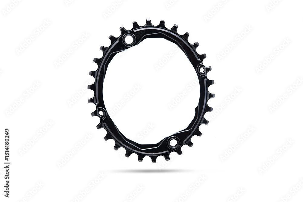 Black oval bicycle chainring against white isolated background, floating above the surface. Professional bicycle part. Black oval bicycle chainring against white isolated background, floating above the surface. Professional bicycle part.