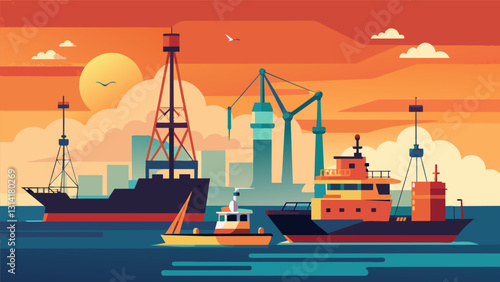 In the early hours of the morning a flotilla of boats lined with cranes and equipment sets out from the shore ready to begin the installation process. Vector illustration