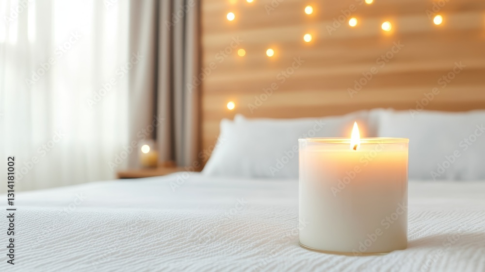A lit candle settles peacefully on a cozy bed, enhancing the inviting atmosphere of the room, complemented by gentle fabric textures and soft lighting. A lit candle settles peacefully on a cozy bed, enhancing the inviting atmosphere of the room, complemented by gentle fabric textures and soft lighting.