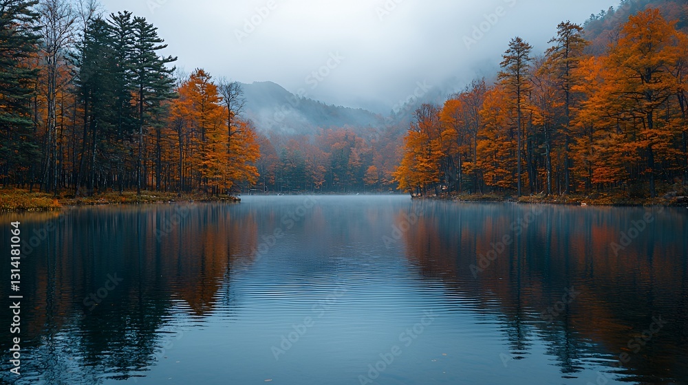 Fototapeta premium Misty Autumn Lake Reflections in Mountains