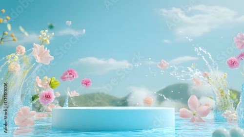 Obraz na płótnie A smooth, round podium with pastel blue tones, placed in an outdoor celebration scene with Songkran water fights in the background w salonie